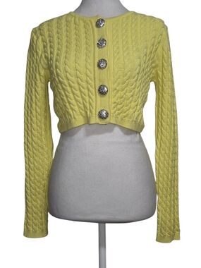 Ronny Kobo Yellow Cable Knit Cropped Cardigan Jewel Button Sweater Size S